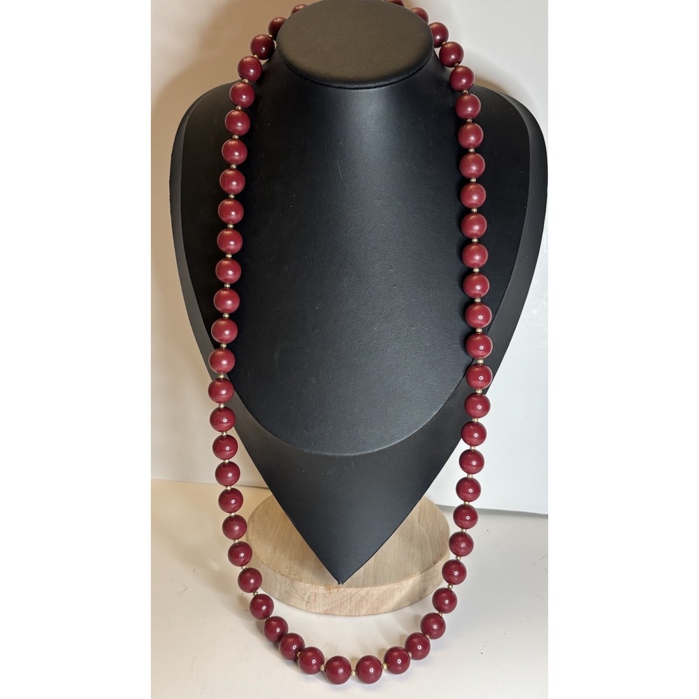 Vintage 30" Burgundy Lucite Bead Necklace Gold Tone Spacers Screw Clasp